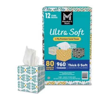 Member's Mark Ultra Soft Facial Tissues 3 Ply 12 Cube Boxes 80 Tissues per Box